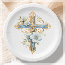 Blue Floral Cross First Santa Comunhão
