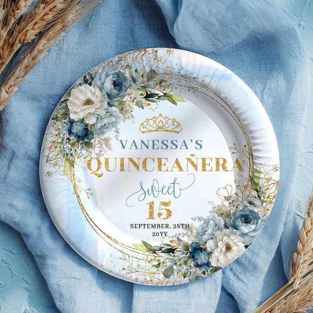 Prato De Papel Blue Floral Eucalyptus Gold Custom Quinceañera  (Blue Floral Eucalyptus Gold Custom Quinceañera Plates)