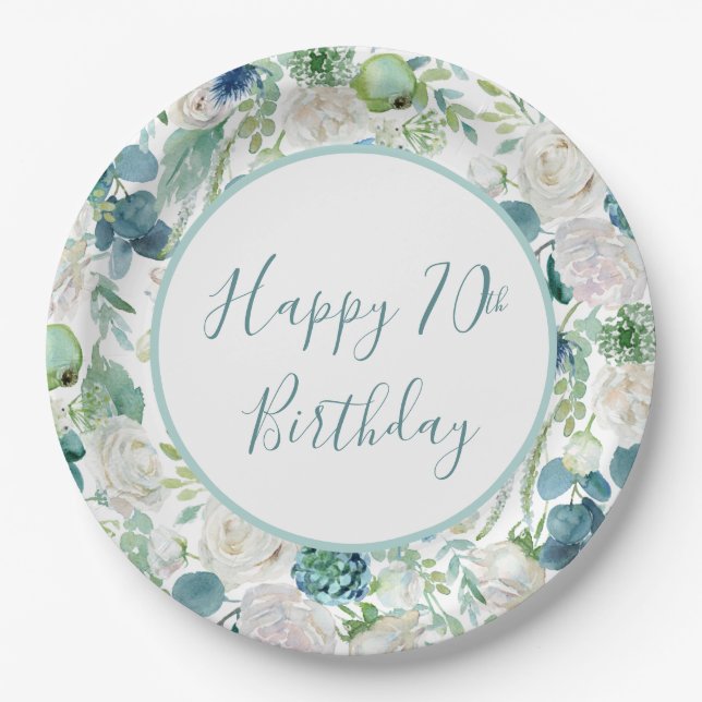 Prato De Papel Blue Floral Happy Birthday Plates (Frente)