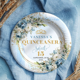 Prato De Papel Blue Flowers Eucalyptus Gold Custom Quince Plates