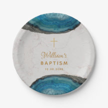 Blue Geode Boy Baptism Marble Cross Dourado