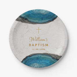 Prato De Papel Blue Geode Boy Baptism Marble Cross Dourado