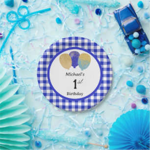 Prato De Papel Blue Gingham & Balões 1º Aniversário