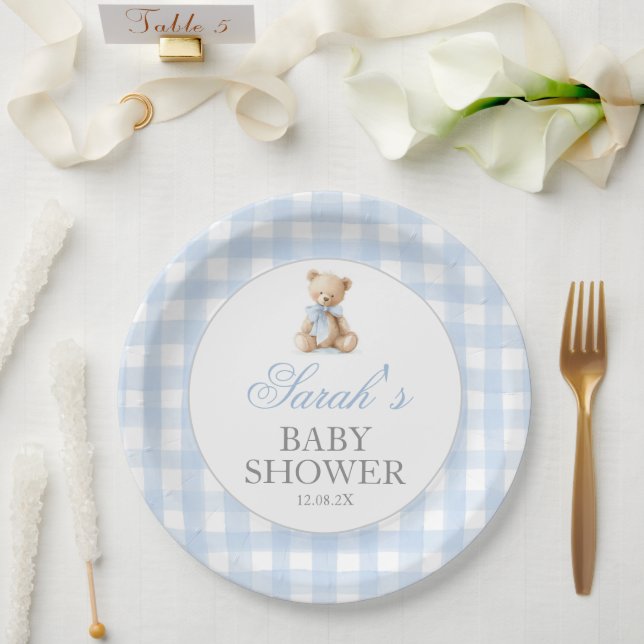 Prato De Papel Blue Gingham Bear Baby Shower (Casamento)