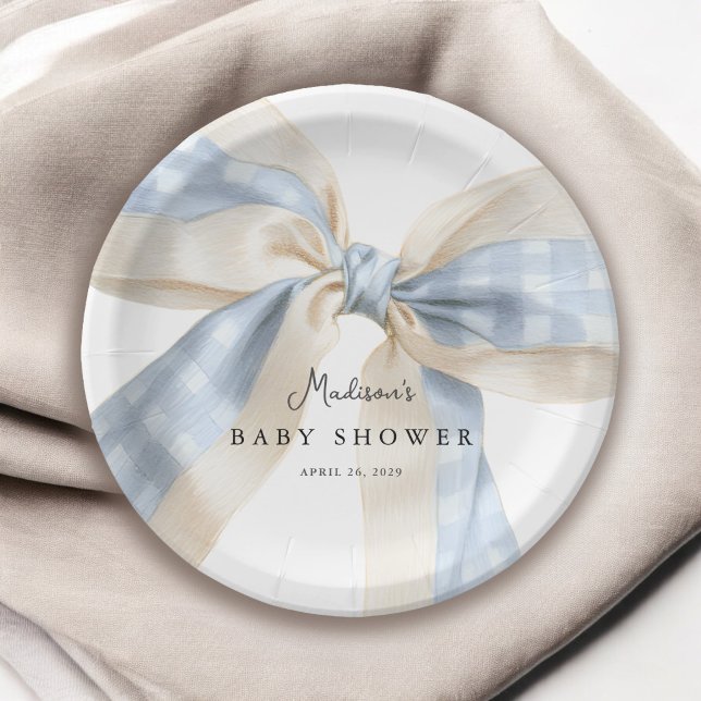 Prato De Papel Blue Gingham Checks Bow Baby Shower (Criador carregado)