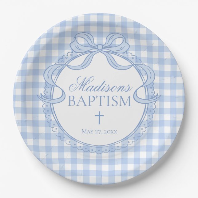 Prato De Papel Blue Gingham Coquette Bow Baptism (Frente)