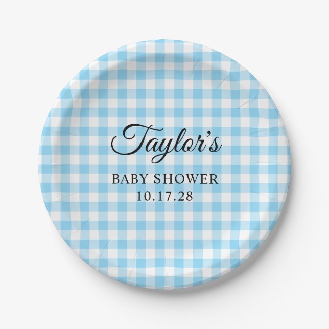 Prato De Papel Blue Gingham Plaid Baby Shower (Frente)