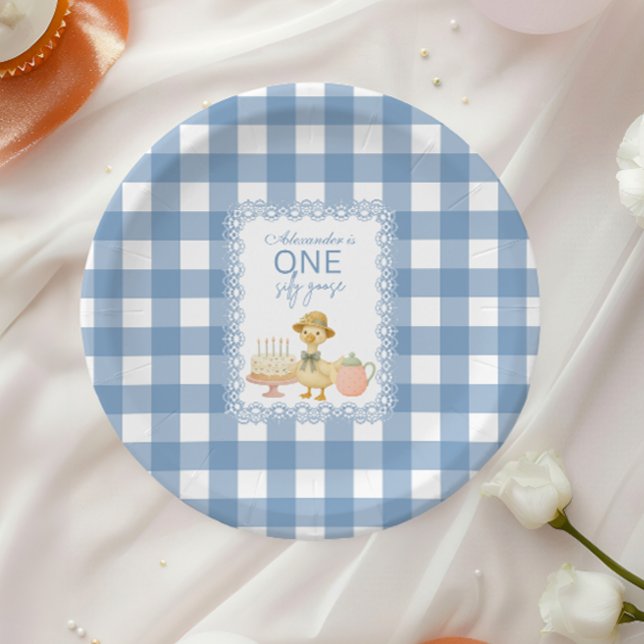 Prato De Papel  Blue Gingham Silly Goose 1st Birthday (Criador carregado)