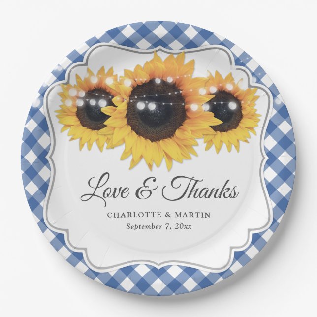 Prato De Papel Blue Gingham Sunflower Love and Obrigados Weding (Frente)