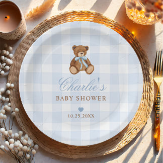 Prato De Papel Blue Gingham Teddy Bear Baby Shower