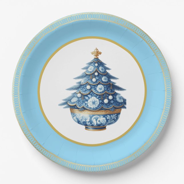 Prato De Papel Blue Gold Chinoiserie Paper Plate (Frente)