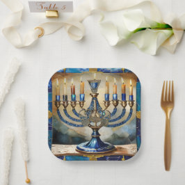 Prato De Papel Blue Hanukkah Menorah