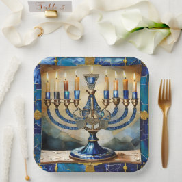 Prato De Papel Blue Hanukkah Menorah