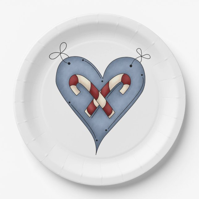 Prato De Papel Blue Heart with Candy Canes Country Christmas (Frente)
