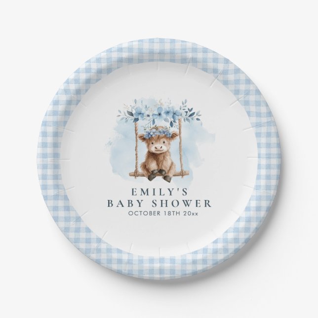 Prato De Papel Blue Highland Cow Boy Baby Shower (Frente)