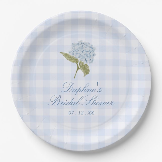 Prato De Papel Blue Hydrangea Gingham Bridal Shower (Frente)