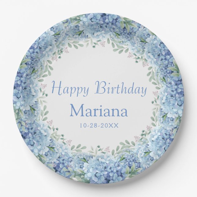 Prato De Papel Blue Hydrangeas Watercolor Floral Birthday (Frente)