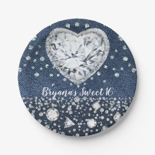 Prato De Papel Blue Jean Denim & Diamantes Brilho Diamante Coraçã