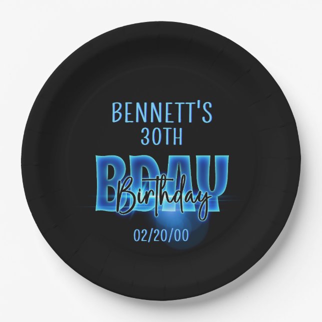 Prato De Papel Blue Neon Birthday (Frente)