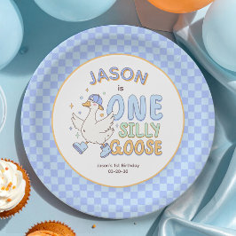 Prato De Papel Blue One Silly Goose - Retro Boy First Birthday