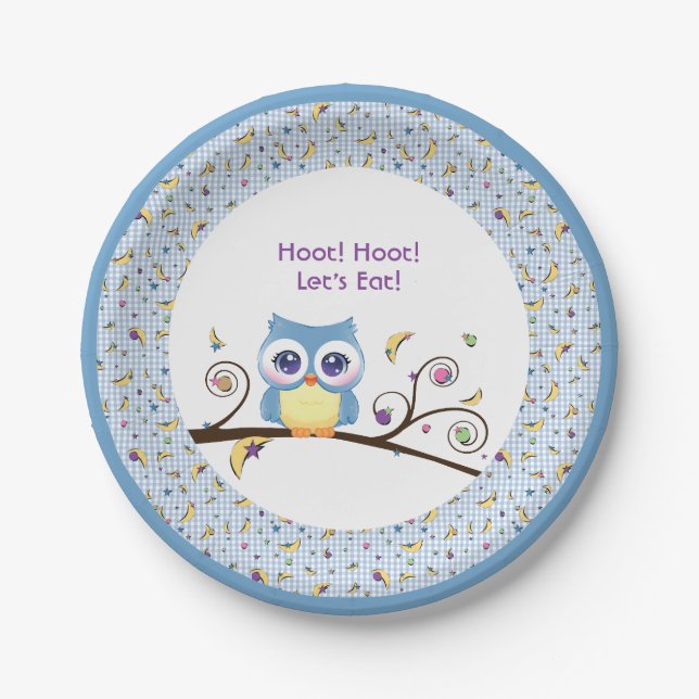 Prato De Papel Blue Owl Baby Boy Shower Celestial Doodles  (Frente)