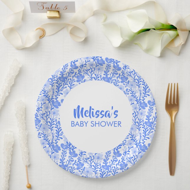 Prato De Papel BLue Personalizada para Chás de fraldas Florais de (Casamento)