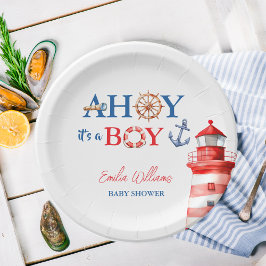 Prato De Papel Blue Red Nautical Ahoy Boy Lighthouse Baby Shower