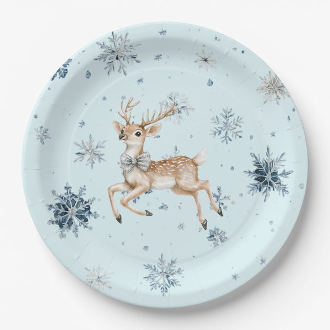 Prato De Papel Blue Snowflakes Christmas Deer with Bow (Frente)