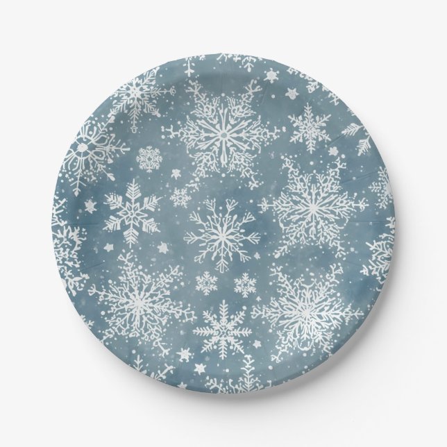Prato De Papel Blue Snowflakes Watercolor Winter Holiday (Frente)
