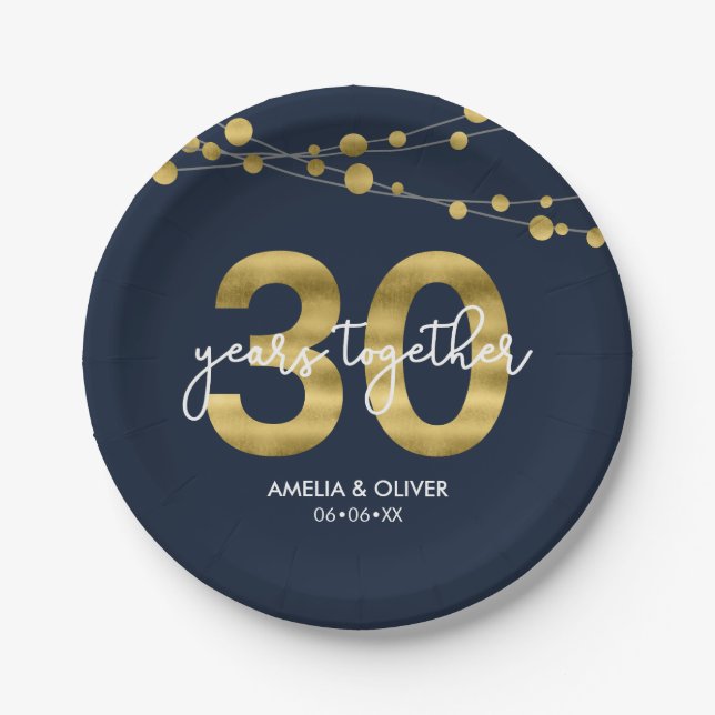 Prato De Papel Blue Strings of Lights 30 Anniversário Party (Frente)