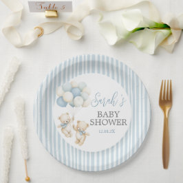 Prato De Papel Blue Stripes Twins Bears Baby Shower