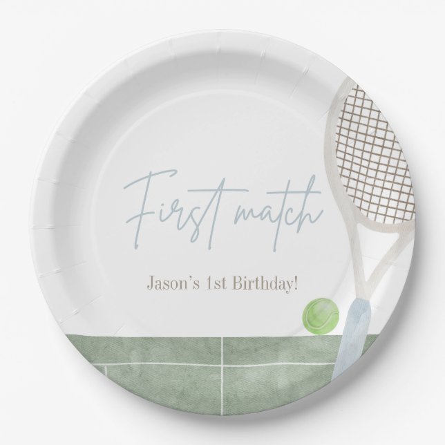 Prato De Papel Blue Tennis First Birthday Boy Preppy Classic  (Frente)