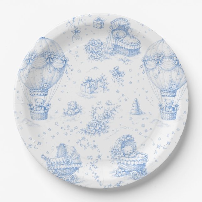 Prato De Papel Blue Toile de Jouy Baby Shower Paper Plates (Frente)
