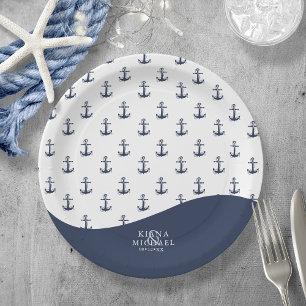 Prato De Papel Blue Wave Anchor Pattern Wedding V1 ID836