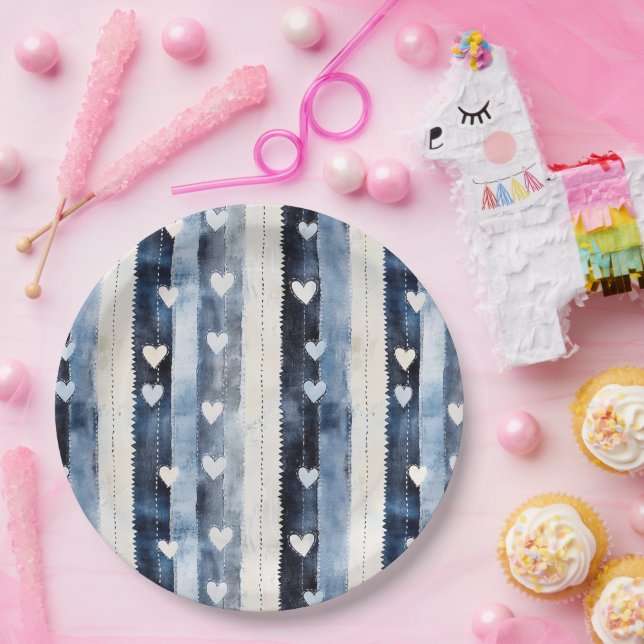 Prato De Papel Blue White Denim Heart Stripes Birthday (Festa)