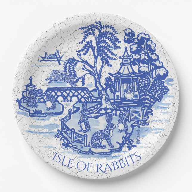 Prato De Papel Blue Willow Rabbit Island Whimsical Classical Art (Frente)