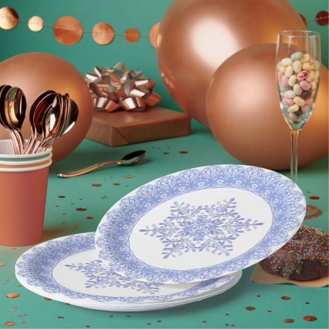 Prato De Papel Blue Winter Snowflake Lace Edge (Múltiplo)