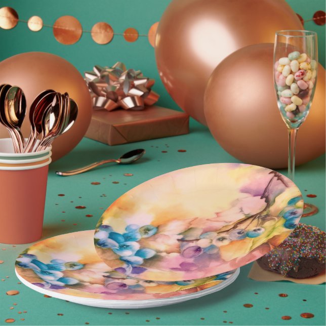 Prato De Papel Blueberry Fruit Pattern — Hand-Painted Berries (Múltiplo)