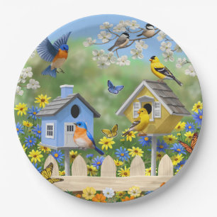 Prato De Papel Bluebird Goldfinches Birdhouses Fllower Garden