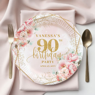 Prato De Papel Blush Aquarela Floral Dourado Elegante 90º Anivers