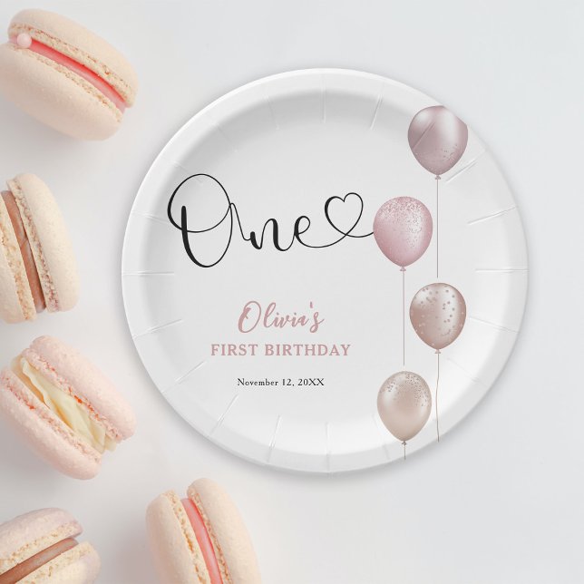 Prato De Papel Blush Balloons Girl Primeiro Aniversário (Criador carregado)