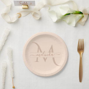 Prato De Papel Blush Cor-de-Rosa Pastel Chic Monograma Nome Perso