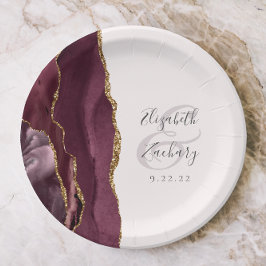Prato De Papel Blush Dourado do Burgundy de Script de Geode Agate