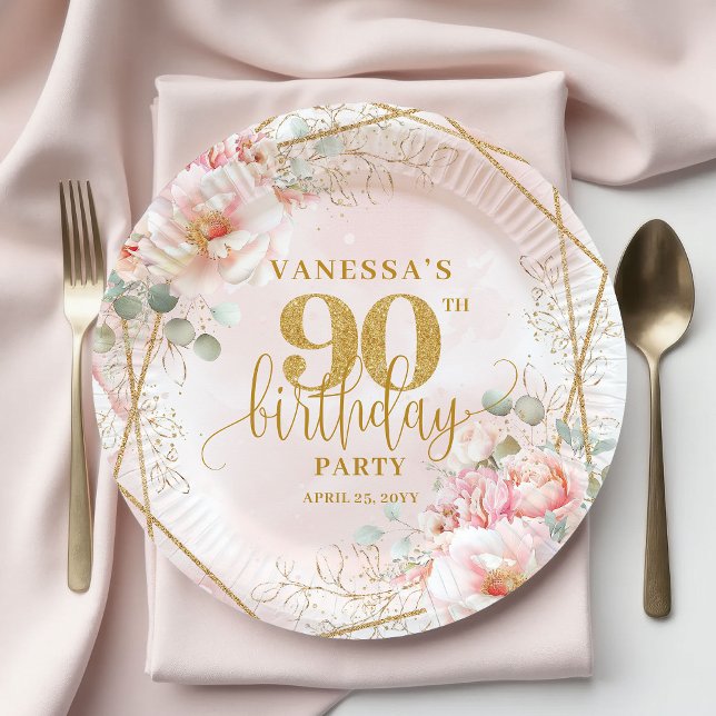 Prato De Papel Blush Floral Gold Frame Stylish 90 Birthday Plates (Blush Floral Gold Frame Stylish 90th Birthday Plates)