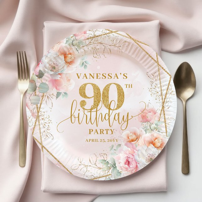 Prato De Papel Blush Floral Gold Glitter Elegant 90th Birthday   (Blush Floral Gold Glitter Elegant 90th Birthday Plates)