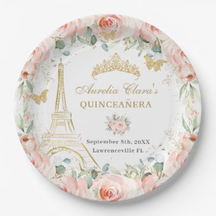 Prato De Papel Blush Floral Paris Eiffel Champanhe Quinceañera