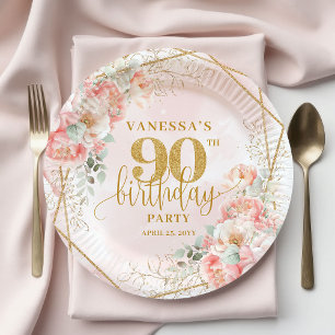 Prato De Papel Blush Floral Quadro Personalizado de Aniversário d
