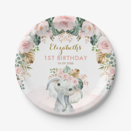 Prato De Papel Blush Floral Tropical Boho Elephant Birthday Girl