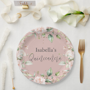 Prato De Papel Blush Floral Watercolor Quinceañera Paper