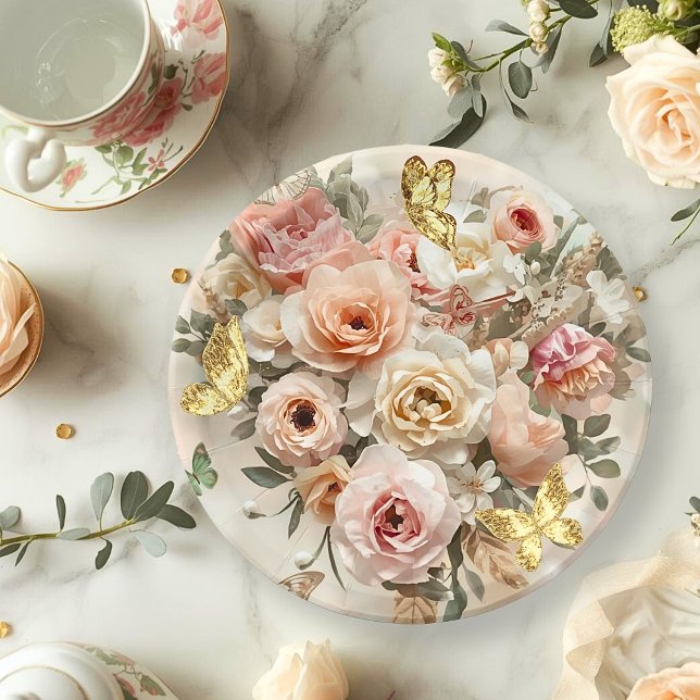 Prato De Papel Blush Garden Roses Galentine Tea Party Florals (Criador carregado)